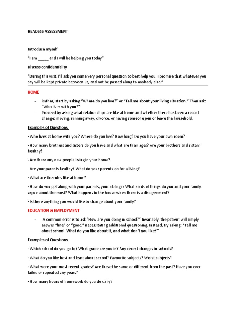 Headsss Assessment | PDF | Adolescence | Violence