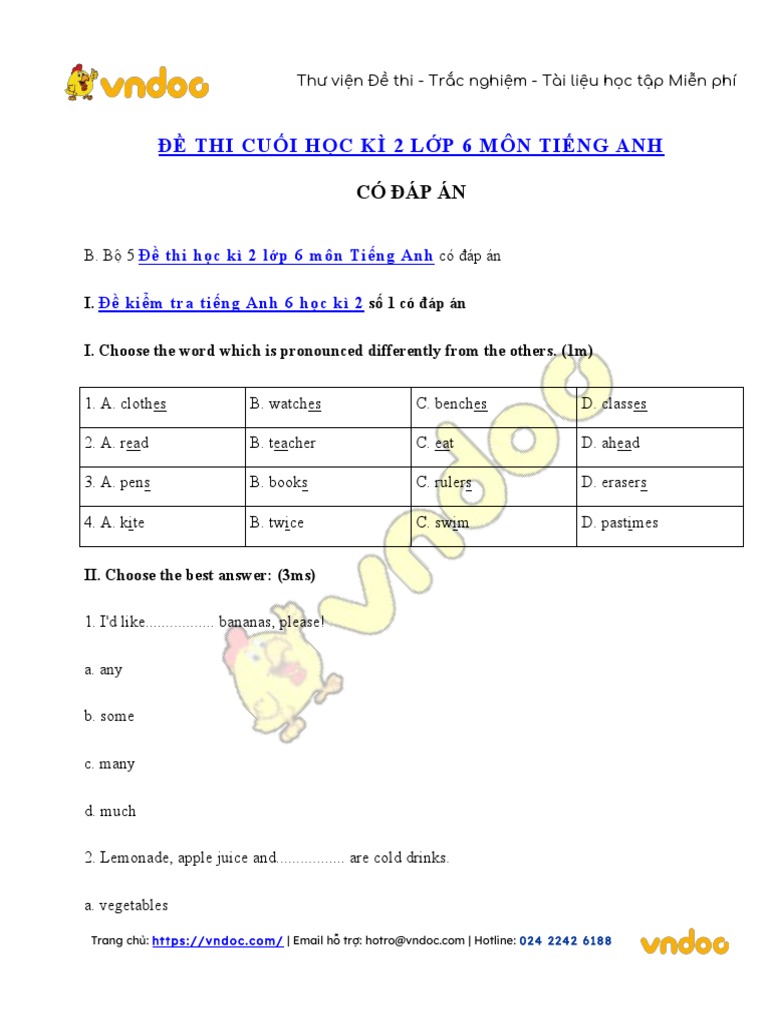 45 de Thi Hoc Ky 2 Mon Tieng Anh Lop 6 Co Dap An | PDF