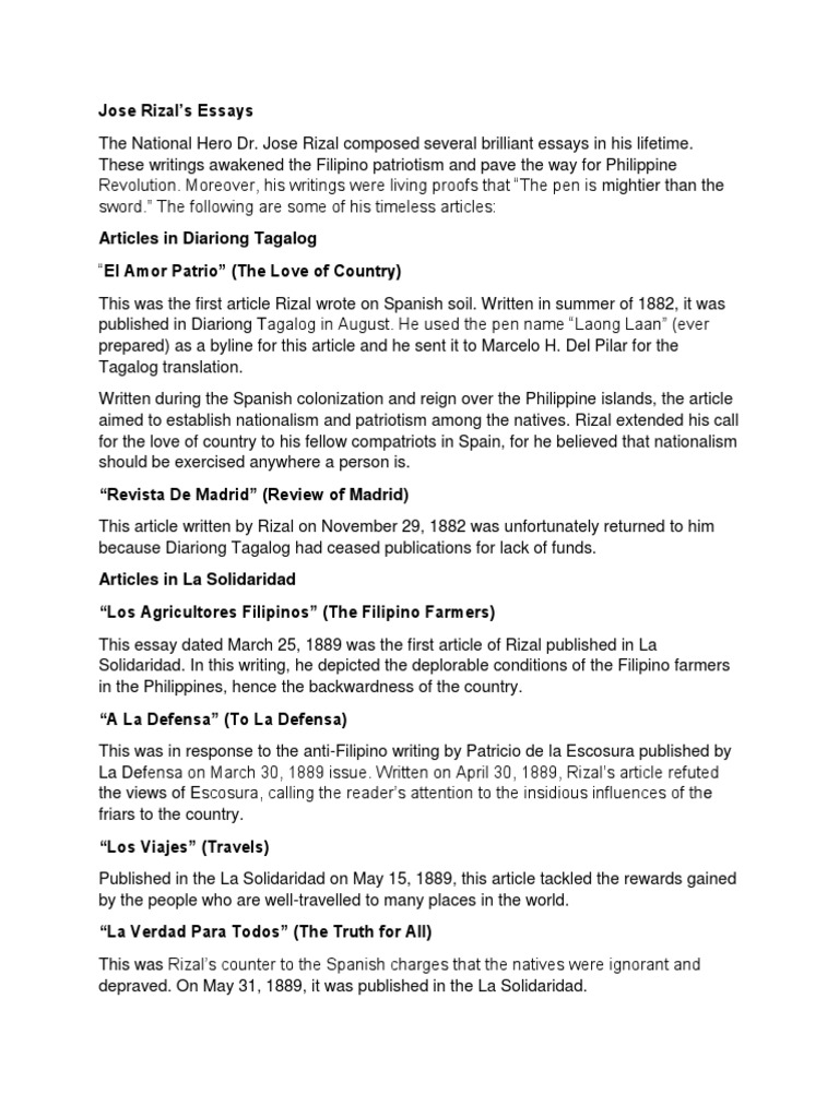 Jose Rizal Essays | PDF | Tagalog Language | Philippines