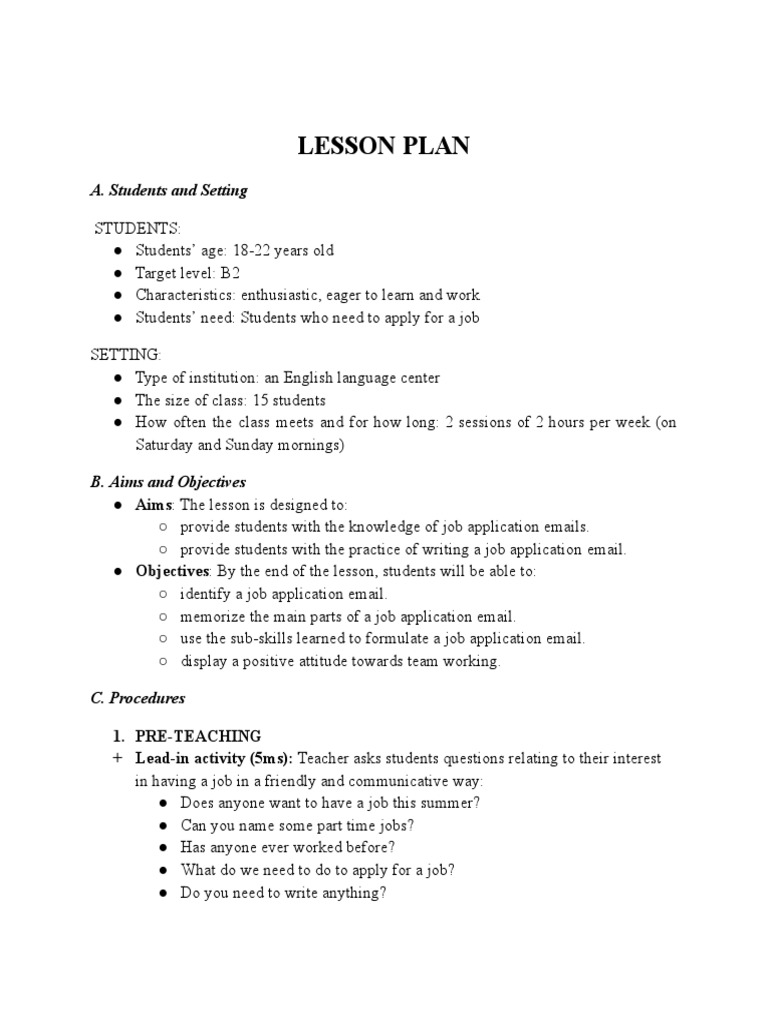 Job Application Email Lesson Plan | PDF | Teachers | Lesson Plan