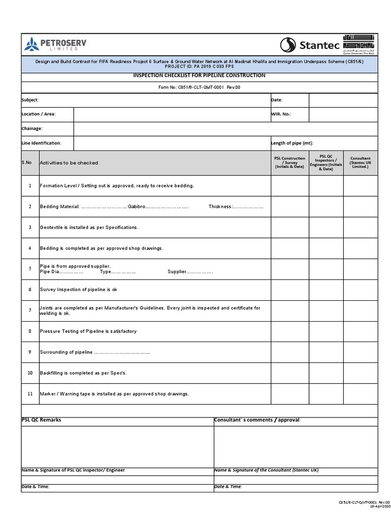 Pipeline Construction Inspection Checklist | PDF | Pipe (Fluid ...
