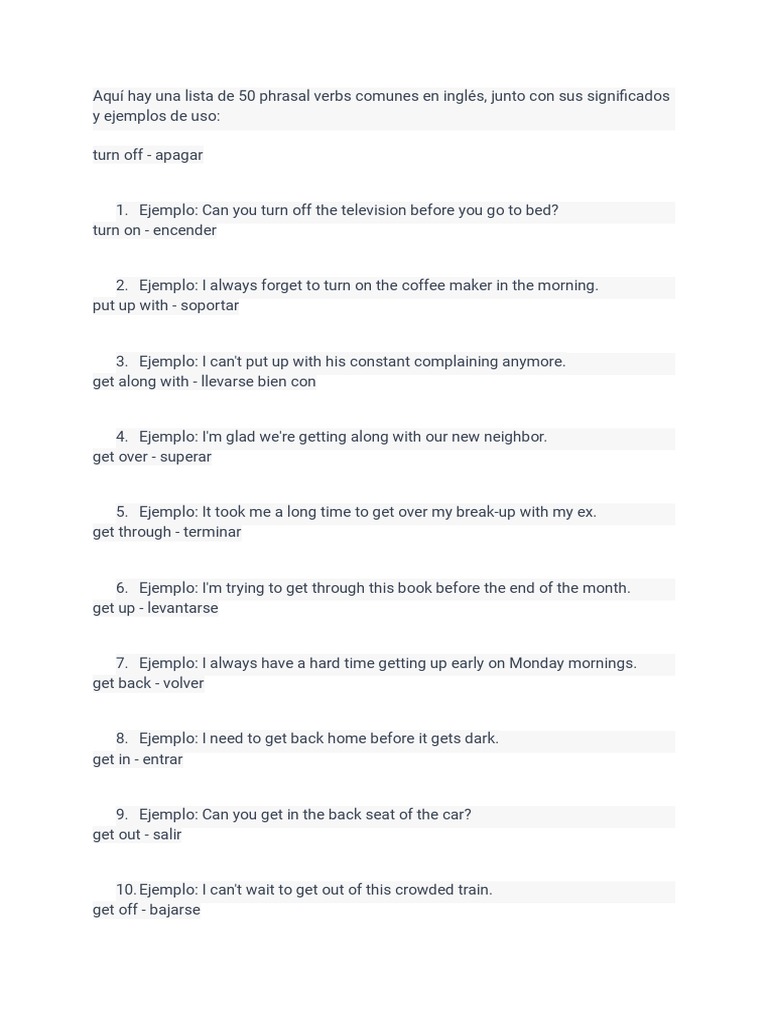 Aquí Hay Una Lista de 50 Phrasal Verbs Comunes en Inglés, Junto Con Sus ...
