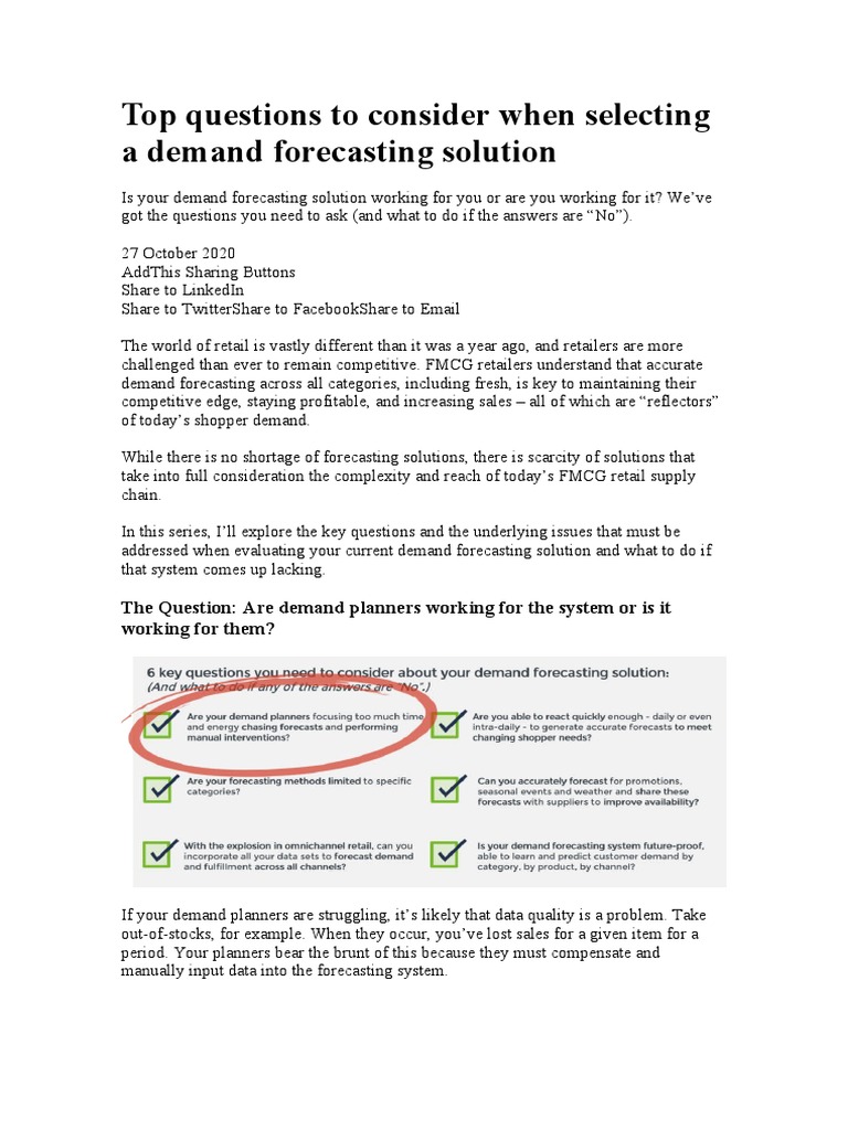 Key Questions for Forecasting Solutions | PDF | Retail | Forecasting