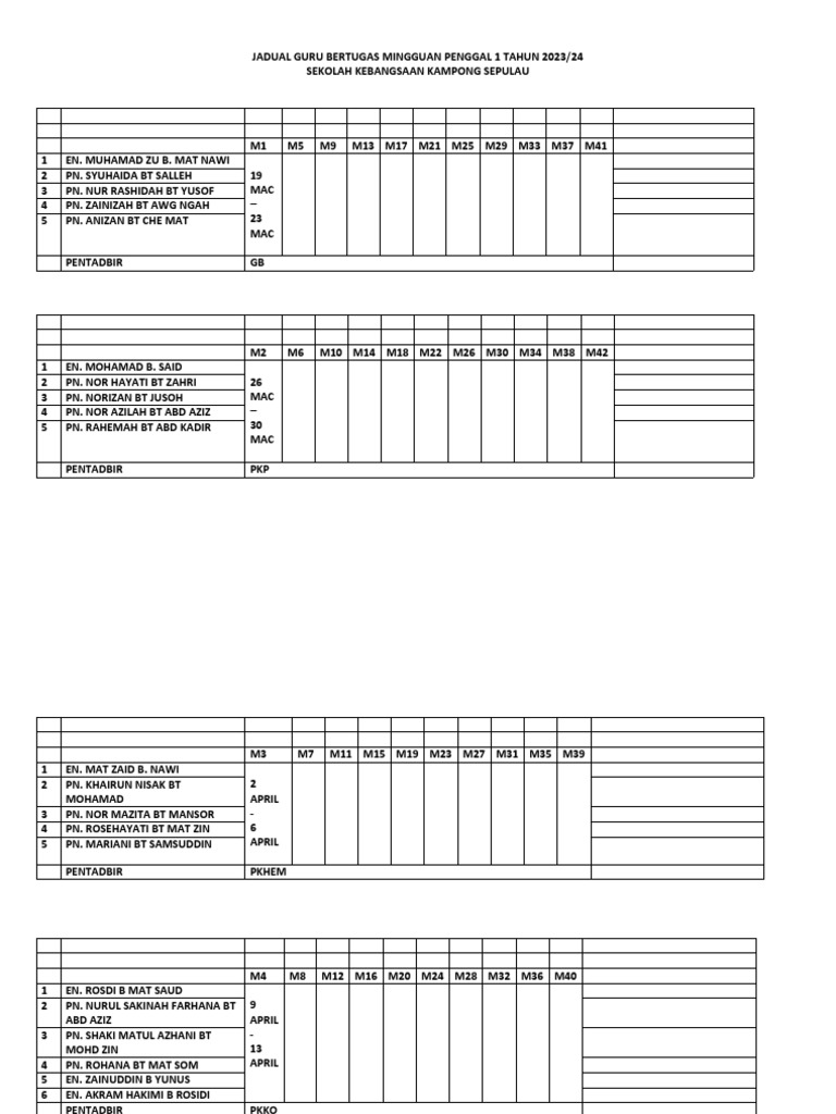 Jadual Bertugas Mingguan Guru 23 24 Pdf