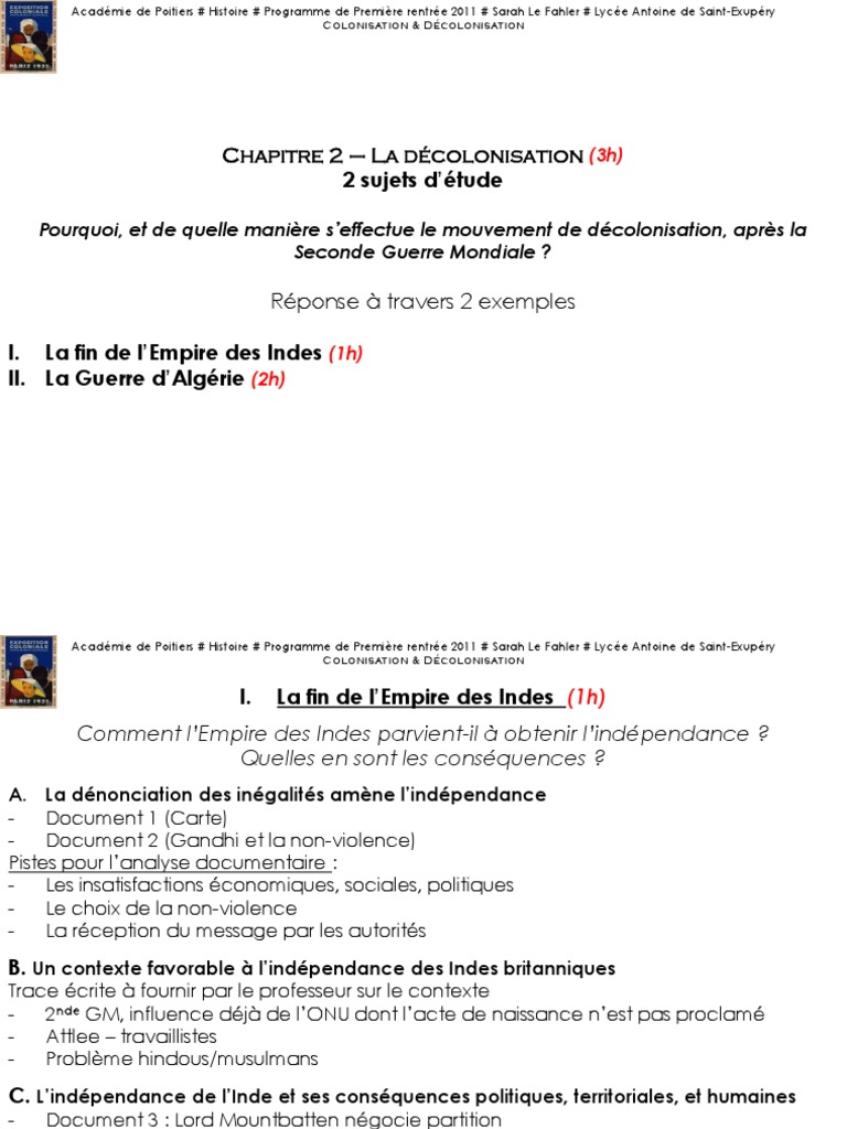 Décolonisation : Inde et Algérie expliquées | PDF | Partition des Indes ...