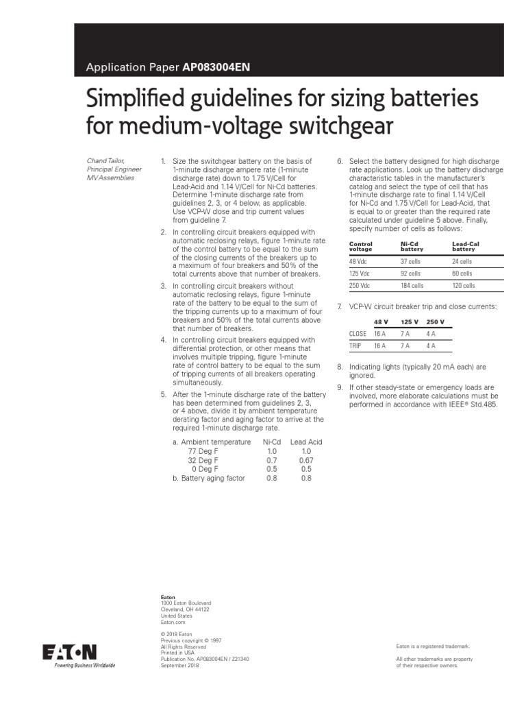 Simplified Guidelines Sizing Batteries MV Switchgear Ap083004en PDF