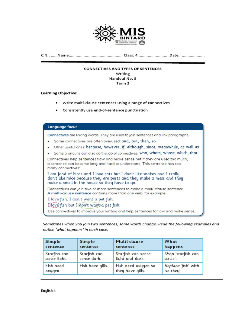 Eng 4 Term 2 Connectives and Types of Sentences Handout 9