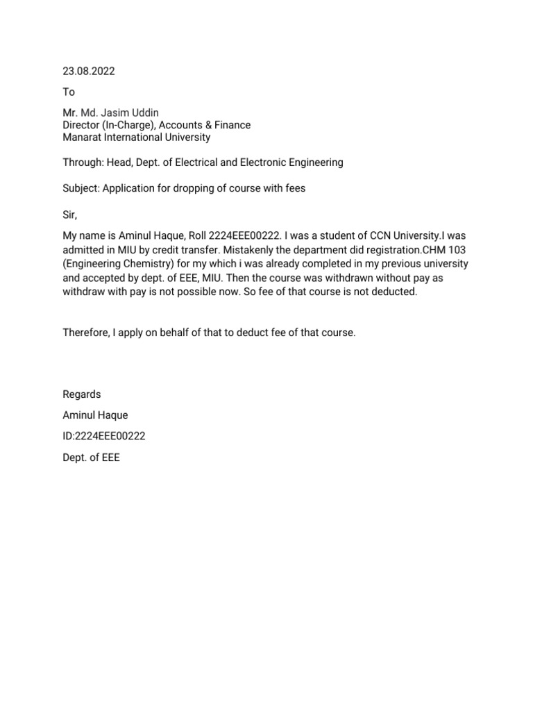 Course Fee Deduction Request | PDF