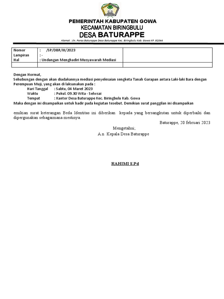 Surat Panggilan Mediasi Umum | PDF