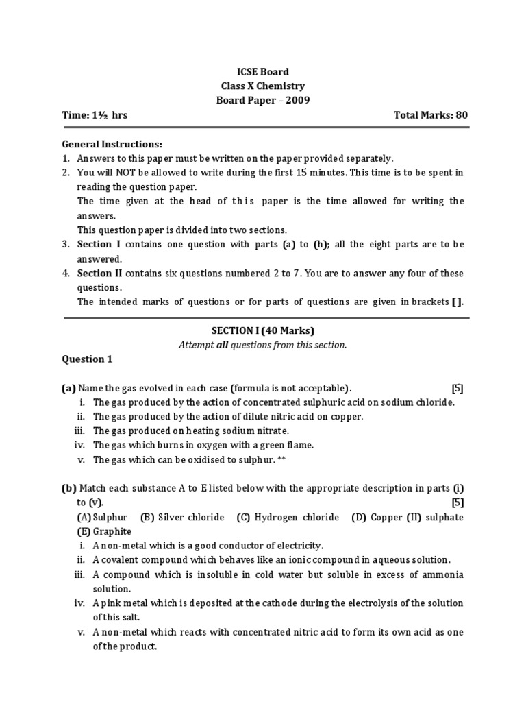 ICSE Class 10 CHEMISTRY Previous Year Question Paper 2009 PDF Acid