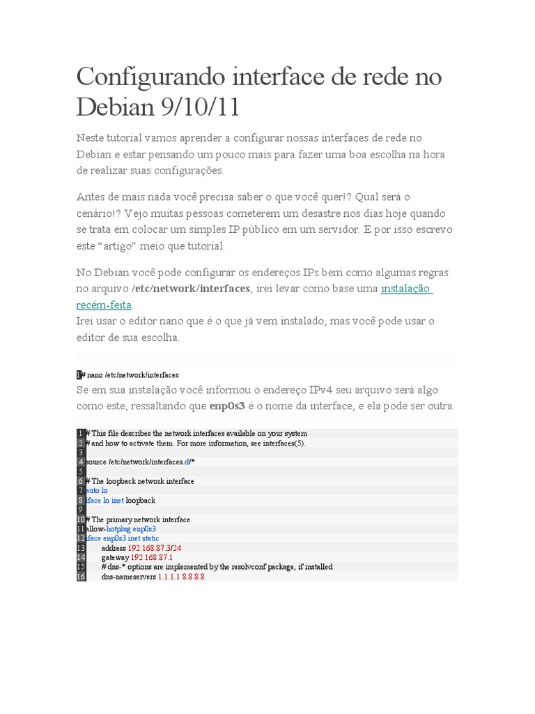 Configurando Interface de Rede No Debian 9 PDF Endereço de IP