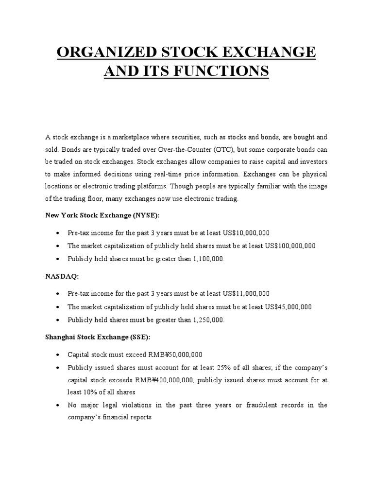 Organized Stock Exchange and Its Functions PDF Stocks Stock Exchange