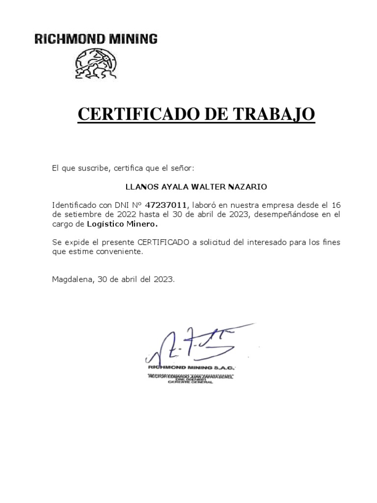 Walter Llanos - Certificado de Trabajo | PDF