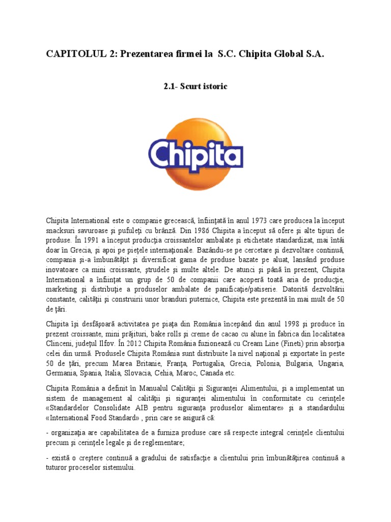 CAPITOLUL 2: Prezentarea Firmei La S.C. Chipita Global S.A | PDF