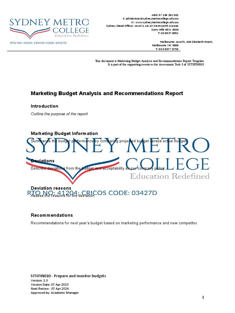 SITXFIN010 - Marketing Budget Analysis and Recommendations Report ...