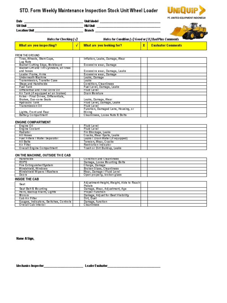 STD Uei Wheel Loader Weekly Maintenance Checklist PDF Truck