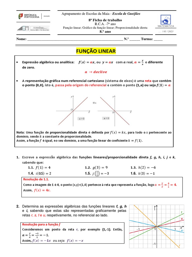 8º FT Função Linear | PDF | Função (Matemática) | Sistema de coordenada ...