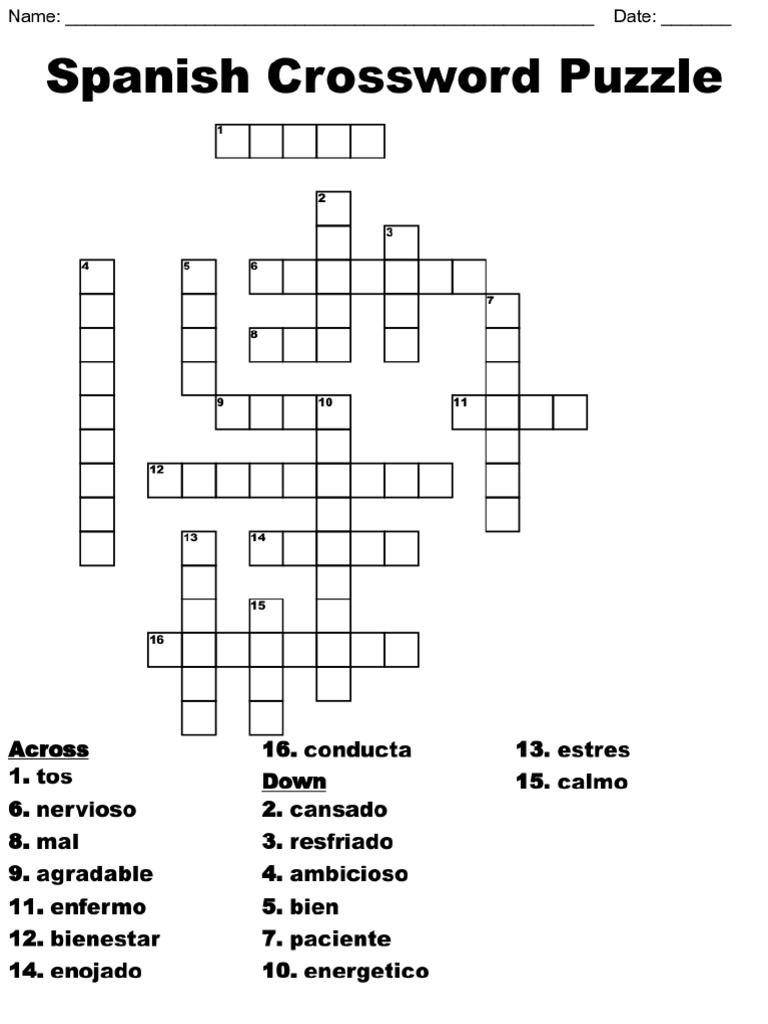 Spanish Language Crossword Puzzle PDF Spanish Language Crossword Puzzle PDF