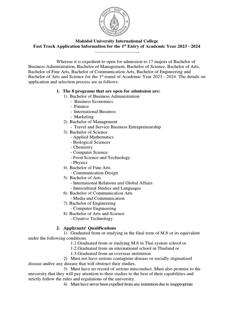 MUIC Fast Track Admission 2023-2024 | PDF | University And College ...