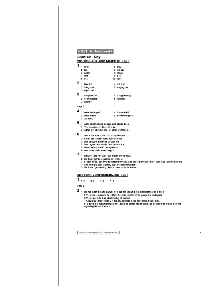 Unit 6 Test Level 1 Answer Key | PDF