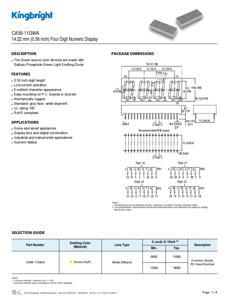 CA56-11GWA 4-stelliges 7-Segment-LED-Display – 14mm, Grün, 10mA, THT Von Kingbright