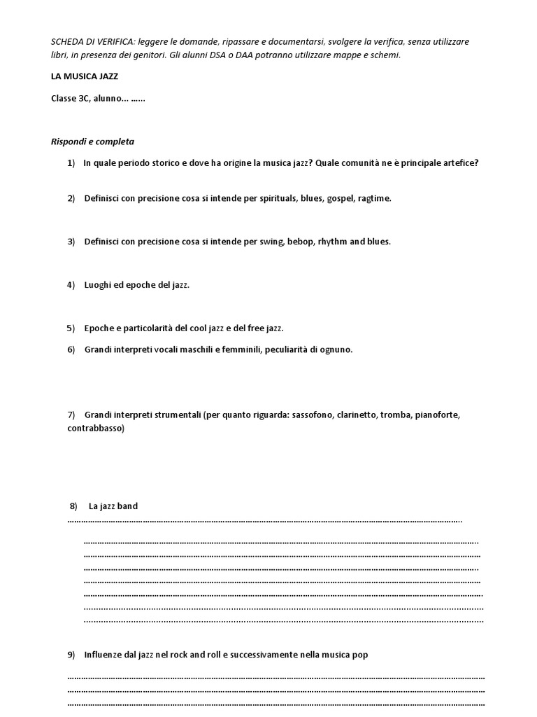 Musica 3c Scheda Di Verifica Sulla Musica Jazz | PDF