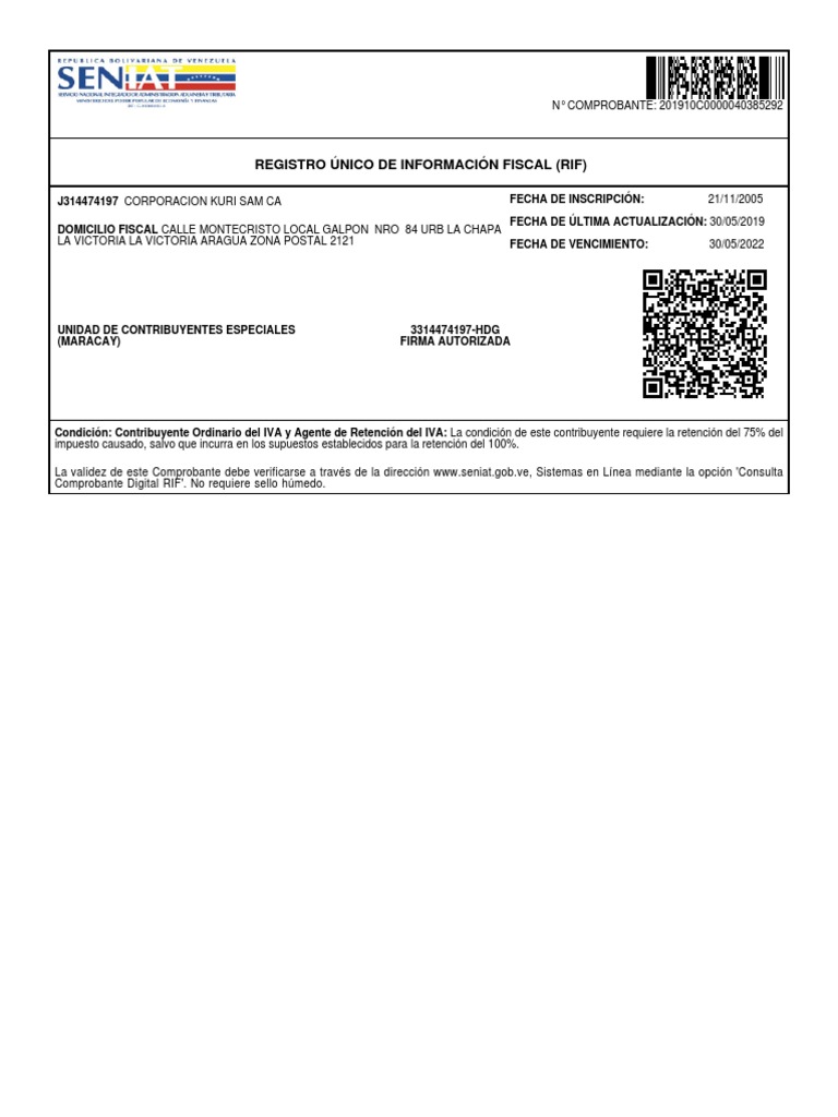 Registro RIF Corporación Kuri Sam CA | PDF | Finanzas y dinero