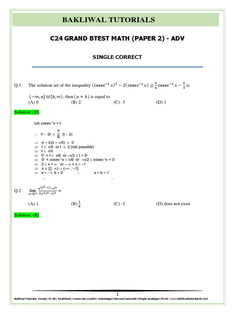 C24 Grand Btest Math (Paper 2) - Adv | PDF | Function (Mathematics ...
