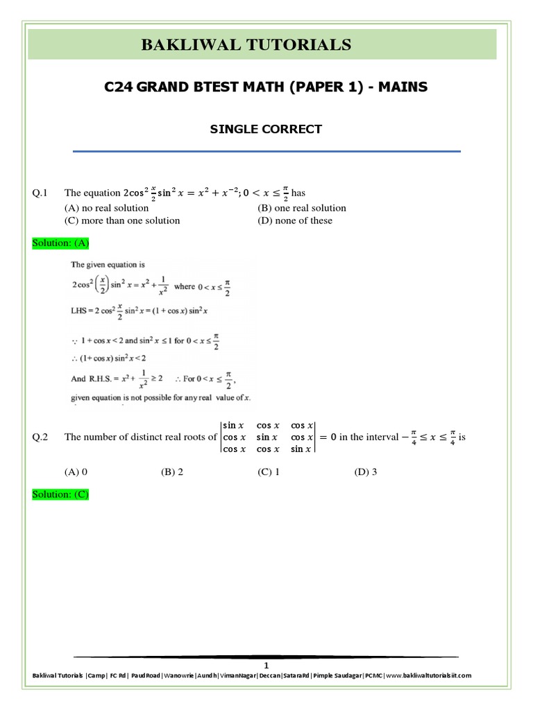 C24 Grand Btest Math Paper 1 Mains Pdf Circle Triangle