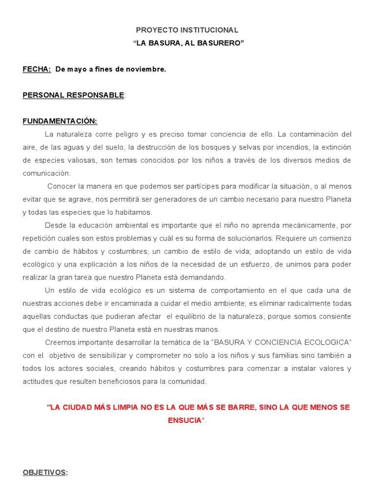 Proyecto: La Basura, Al Basurero | PDF | Residuos | Comportamiento