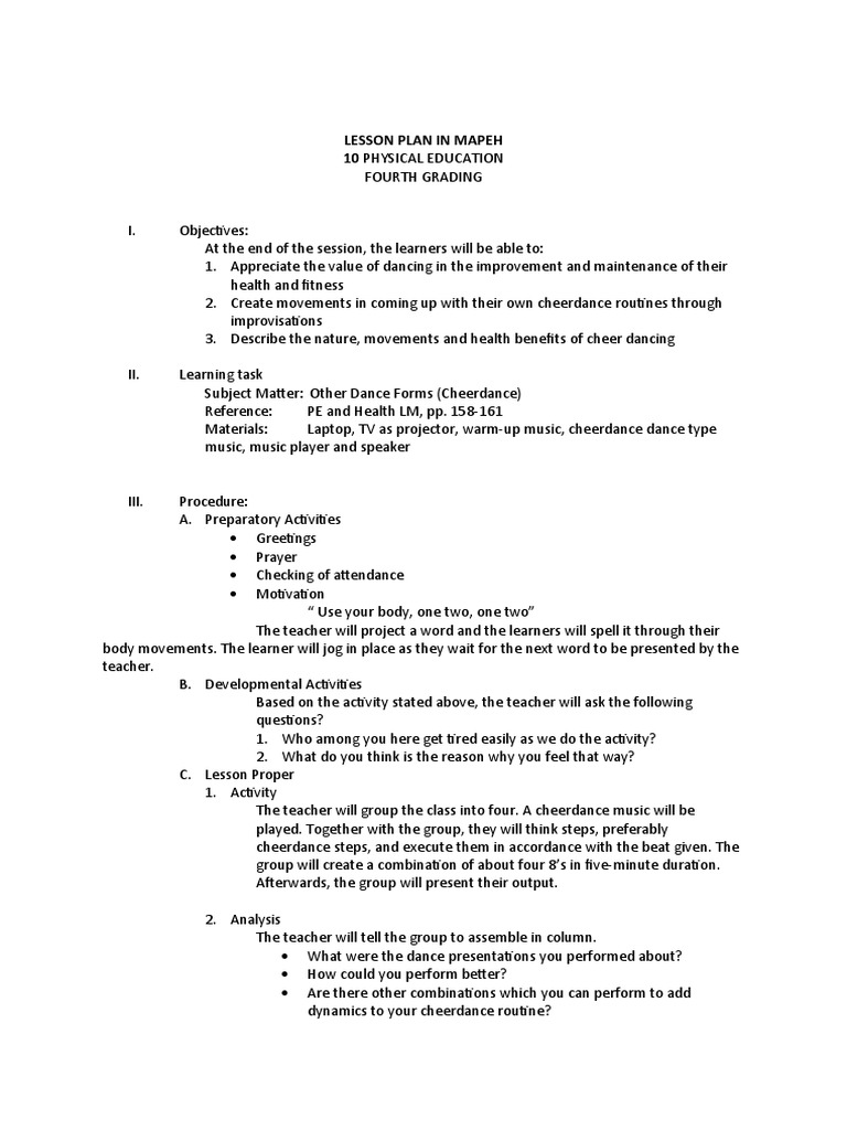 Lesson plan in pe 10 4th gradingdocx pdf lesson plan learning