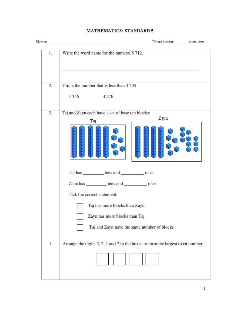 Maths Survey Test STD 5 | PDF | Litre | Mathematics