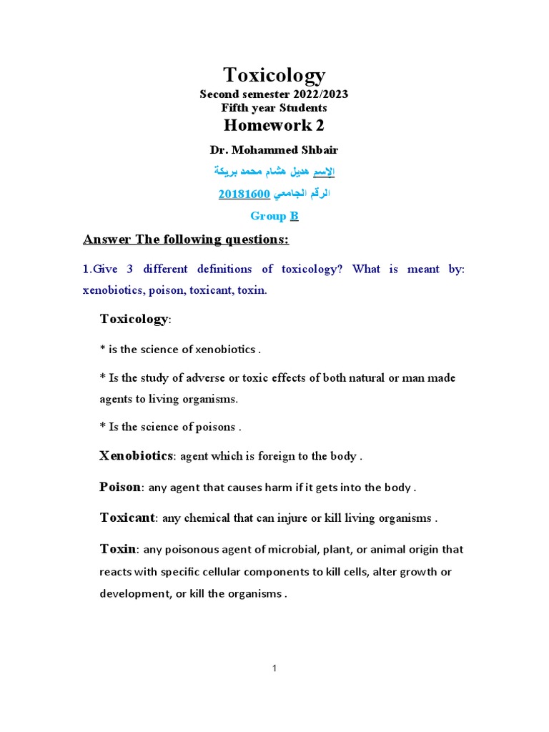 Toxicology Homework 2 PDF Toxicity Toxicology