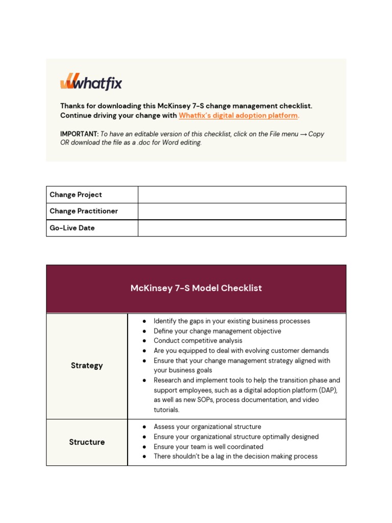 McKinsey 7-S Change Management Checklist | PDF | Change Management ...