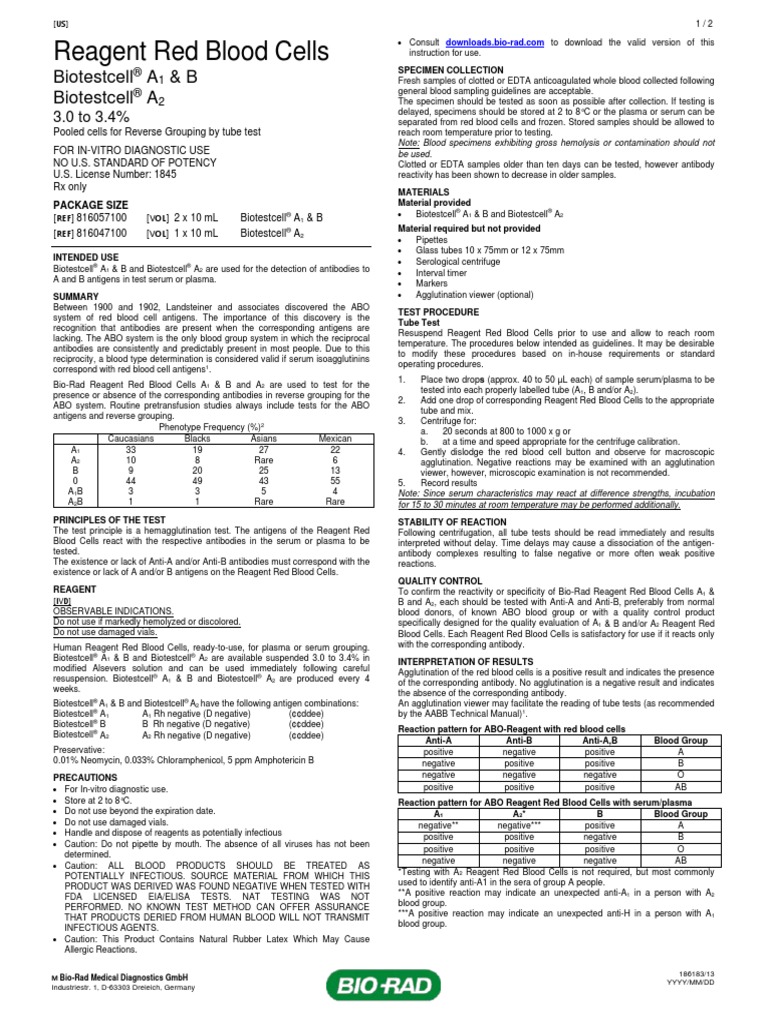 Package Insert - Biotestcell A1 & B and Biotestcell A2 - 0 | PDF ...