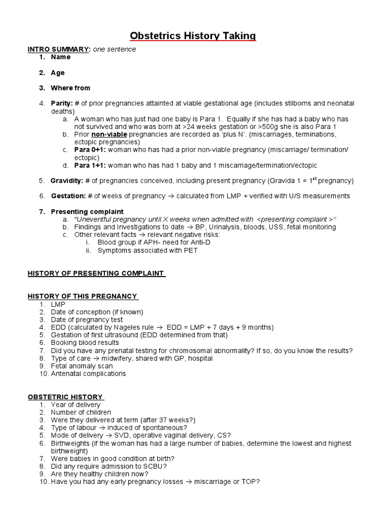 1. Obstetrics History Taking PDF Pregnancy Childbirth