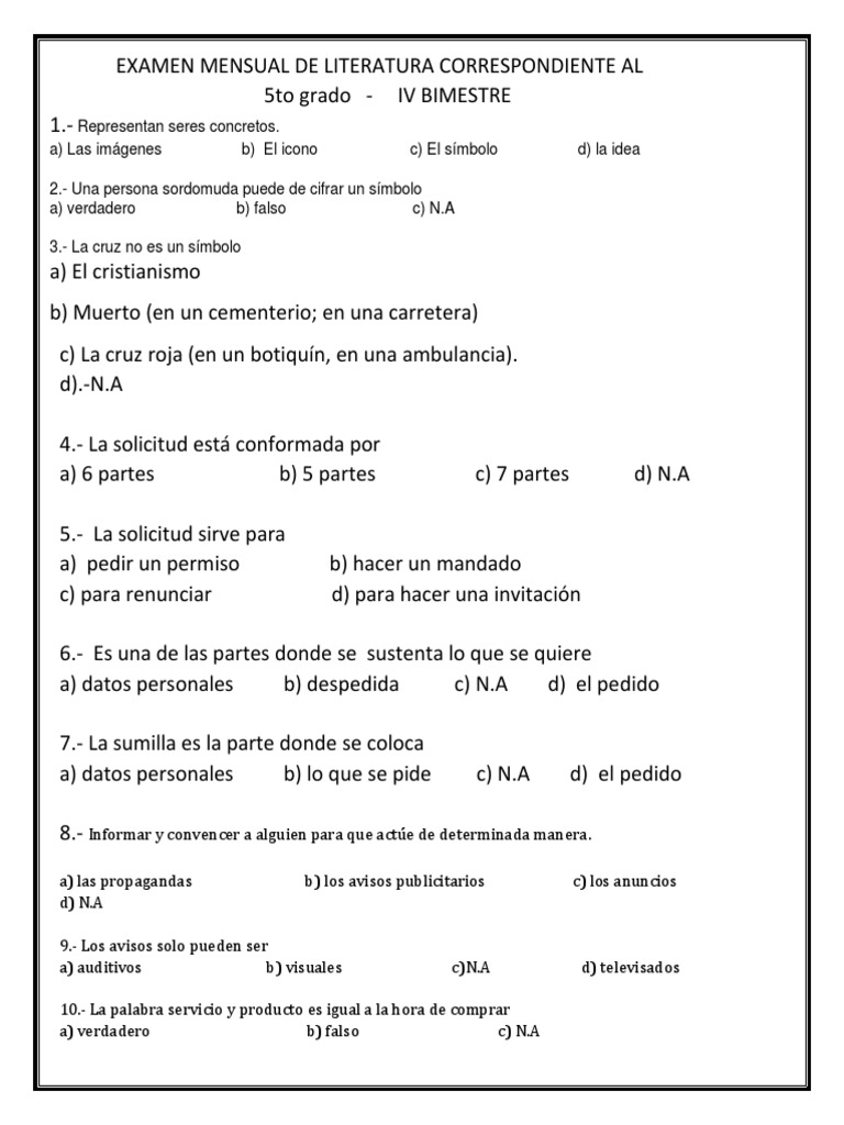 Examen Mensual de Literatura 5to Grado | PDF