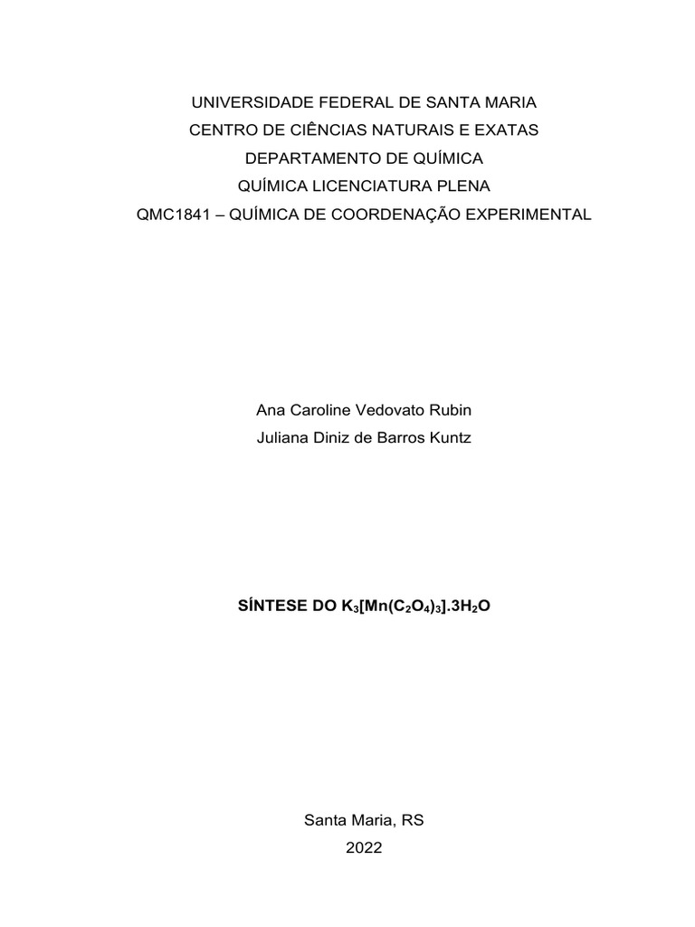 SINTESE DO K3 (MN (C2O4) 3) .3H2O | Download gratis PDF | Composto de ...