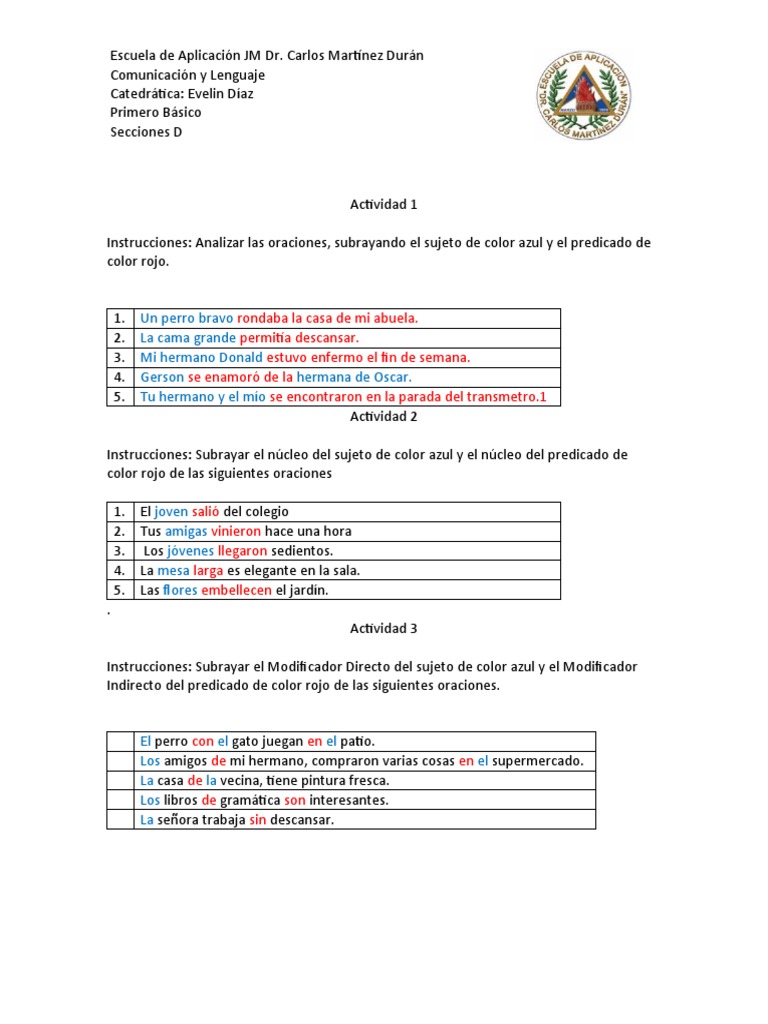 Análisis de Oraciones para Primero Básico | PDF | Artes del Lenguaje y ...