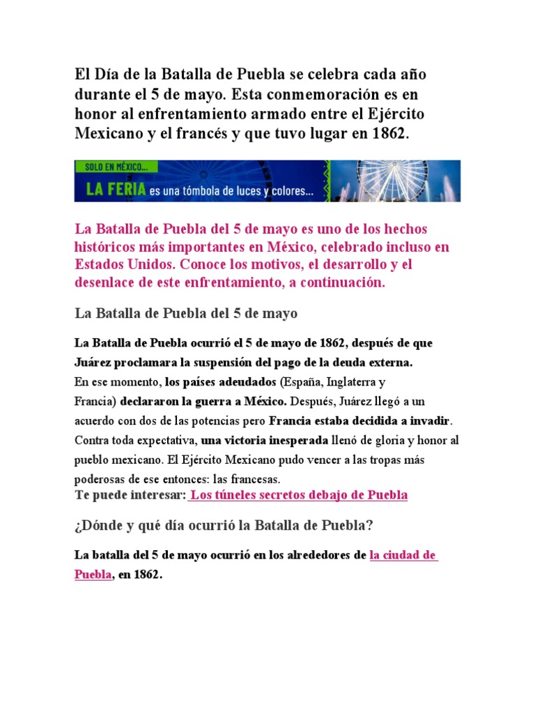 El Día De La Batalla De Puebla Se Celebra Cada Año Durante El 5 De Mayo