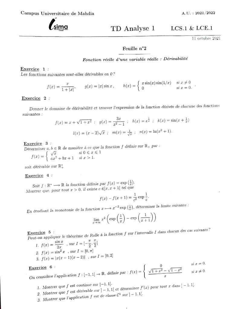 TD Analyse 1 : Dérivabilité des Fonctions | PDF | Mathématiques ...