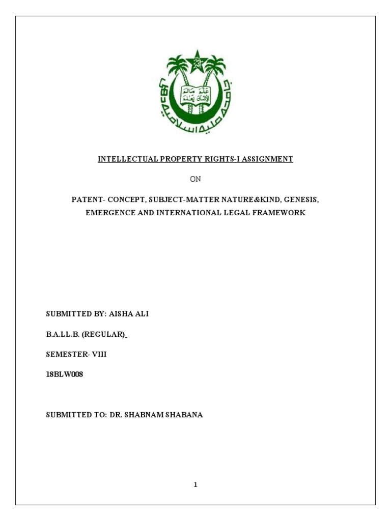 Intellectual Property Rights I Assignment Aisha Ali Pdf Patent