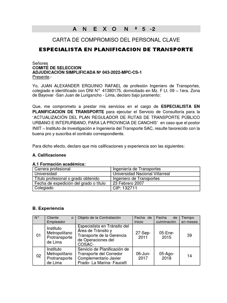 Compromiso de Especialista en Transporte | PDF | Lima | Transporte