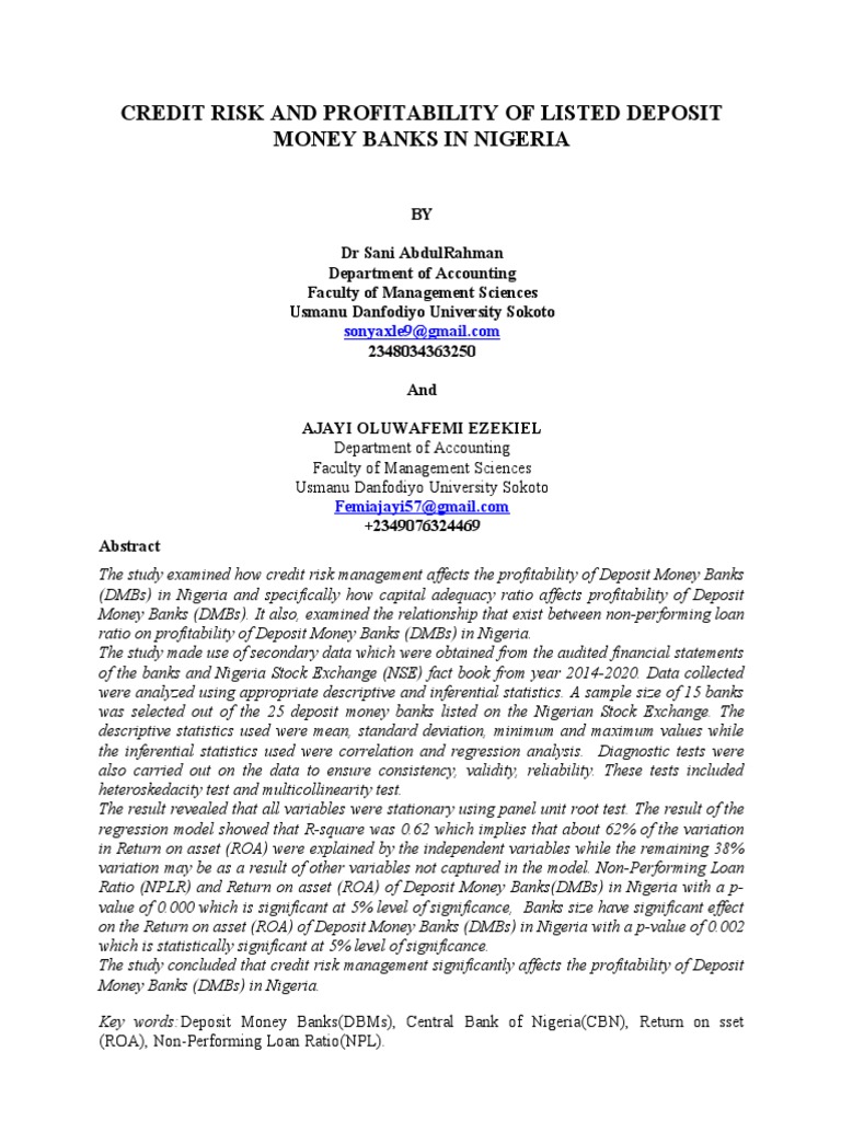 Credit Risk and Profitability of Listed Deposit Money Banks in Nigeria ...