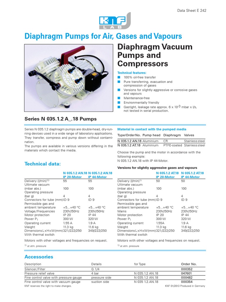 Diaphragm Pumps for Gases and Vapours | PDF | Vacuum | Pump