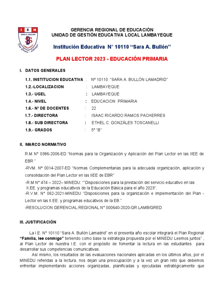 Plan Lector 2023 en I.E. N° 10110 | PDF | Enseñando | Maestros