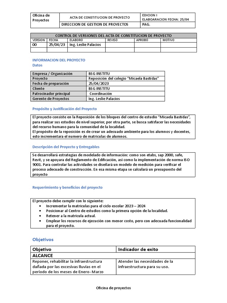 Acta de Constitución del Proyecto Escolar | PDF | Presupuesto | Gestión ...