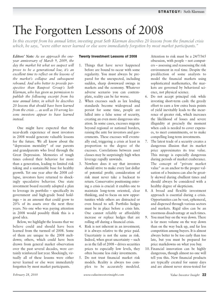 Lessons from the 2008 Financial Crisis | PDF