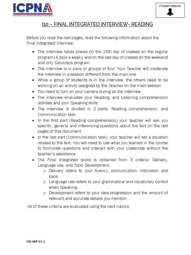 I10 - Student Version | PDF | Reading Comprehension | Speech