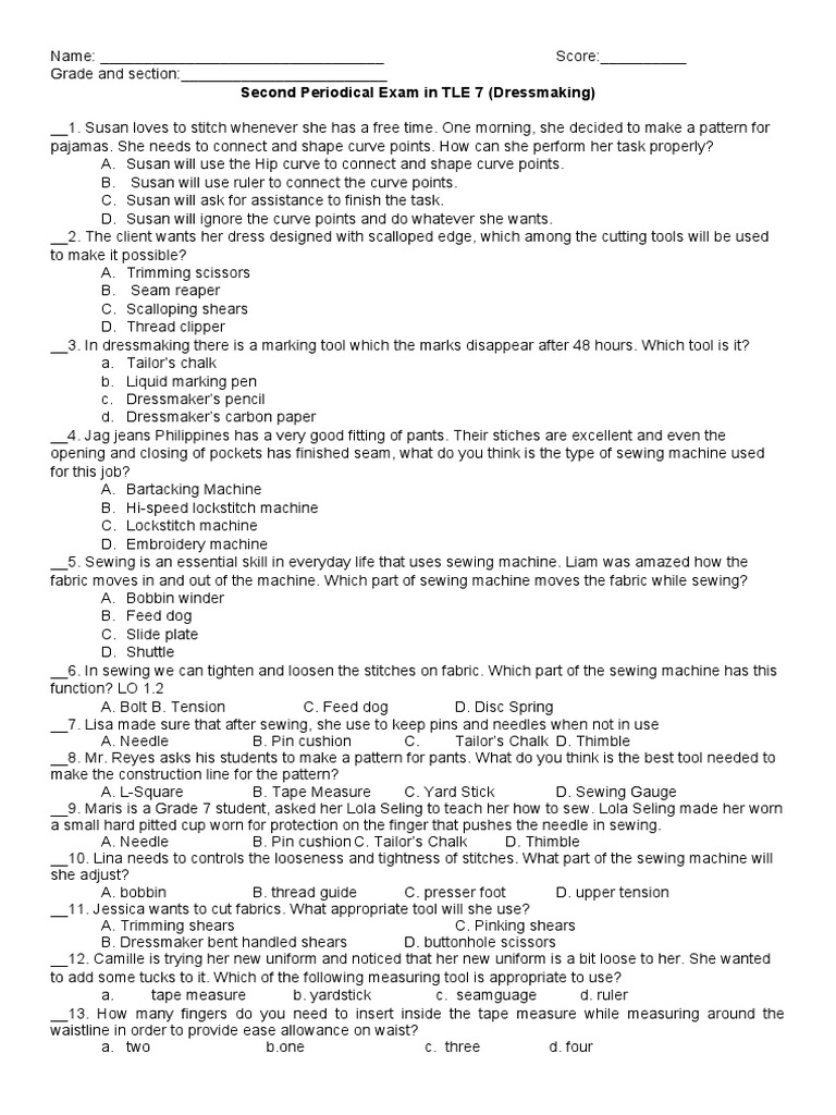 TLE 7 Dressmaking Exam Review | PDF | Sewing | Sewing Machine